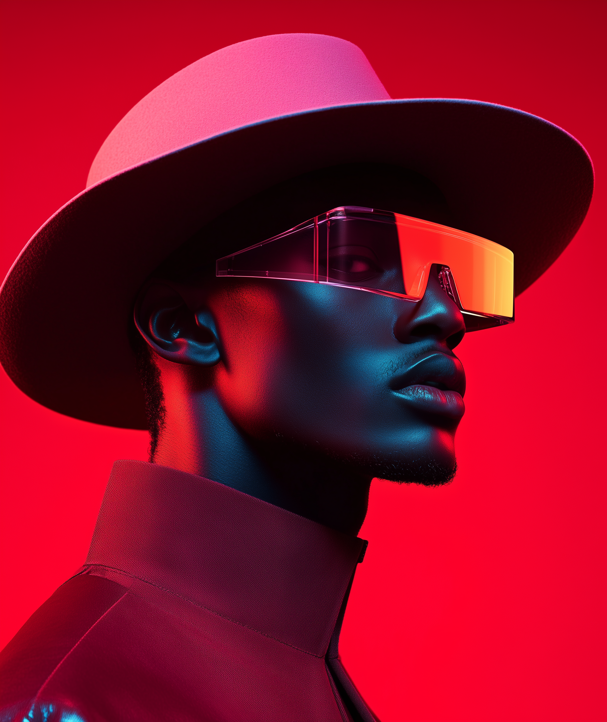 A stylish male model wearing oversized futuristic sunglasses and a wide-brimmed hat, illuminated by bold red and blue lighting, creating a high-fashion, cyber-inspired look.