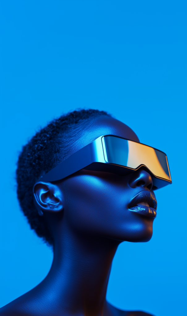 A stylish male model wearing oversized futuristic sunglasses and a wide-brimmed hat, illuminated by bold red and blue lighting, creating a high-fashion, cyber-inspired look.